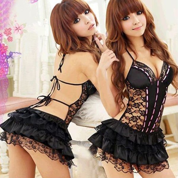 

women lingerie lace sleeveless v-neck dress underwear sleepwear, Black;red