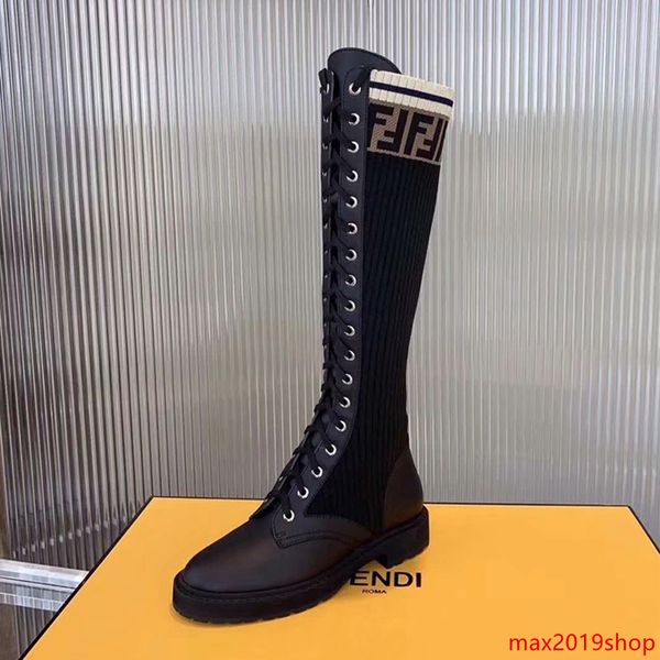 

2020 newfendiautumn leather stitching f letter high boots women s straps wild socks boots flat knit elastic boots