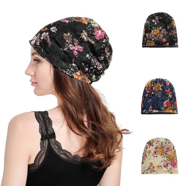 

women fashion mercerizing lace pullover hat flowral lace turban beanie hats for spring autumn 3colors rra1936, Yellow