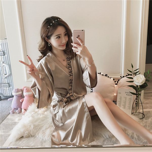 

summer new products half-sleeve shirt solid color cardigan nightgown imitated silk fabric luxury nobility princess tracksuit thr, Black;red