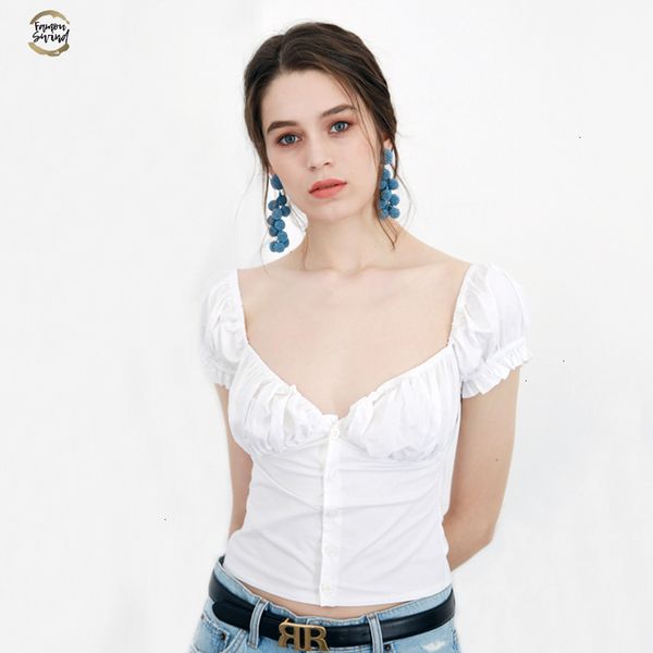 

новая мода женщины frill обрезка кнопка up блуза урожай с коротким рукавом top drop доставка хорошее качество, White