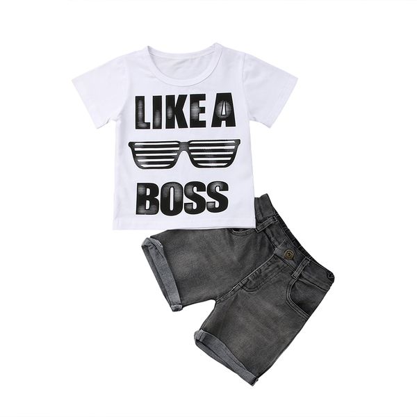 

2pcs toddler kids boy clothes summer short sleeve cotton t-shirt +denim shorts jean outfit kids clothing set 1-6y, White