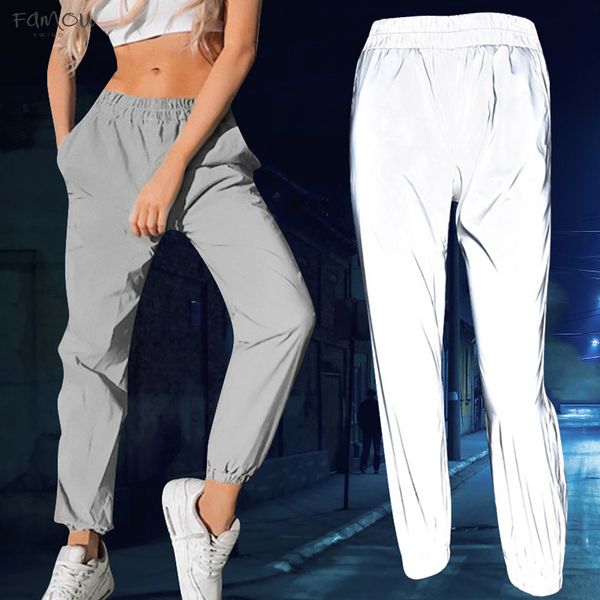 

2019 Summer Spring Fashion Casual Solid Gray Flash Reflective Jogger Pants Girl Loose Pants Street Wear Pants Trousers