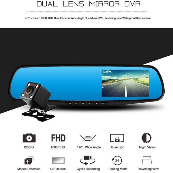 

car dvr camera 4.3 inch led display 170 degree dual lens driving recorder rear view drive recorder night vision car camera