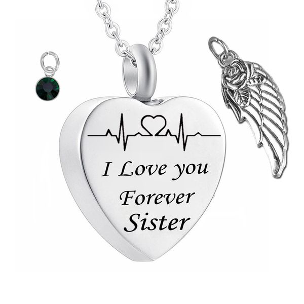 

i love you forever sister birthstone ashes heart pendant memorial urn necklace angel wing stainless steel waterproof cremation jewelry, Silver