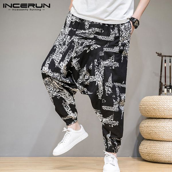 

stylish men printed harem pants 2020 pockets elastic waist casual pantalon streetwear joggers drop-crotch trousers incerun s-5xl, Black