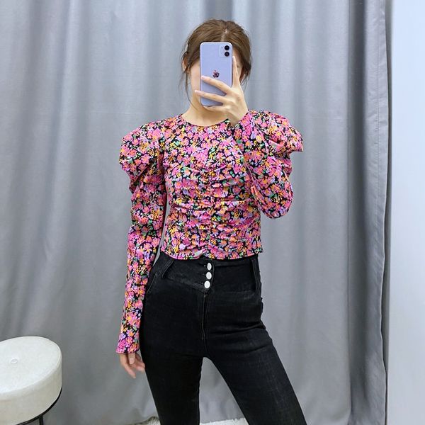

мода puff рукавом цветочные блуза женщин o шеи crop top весна дамы печатные опрятный стиль рубашки wb9986, White