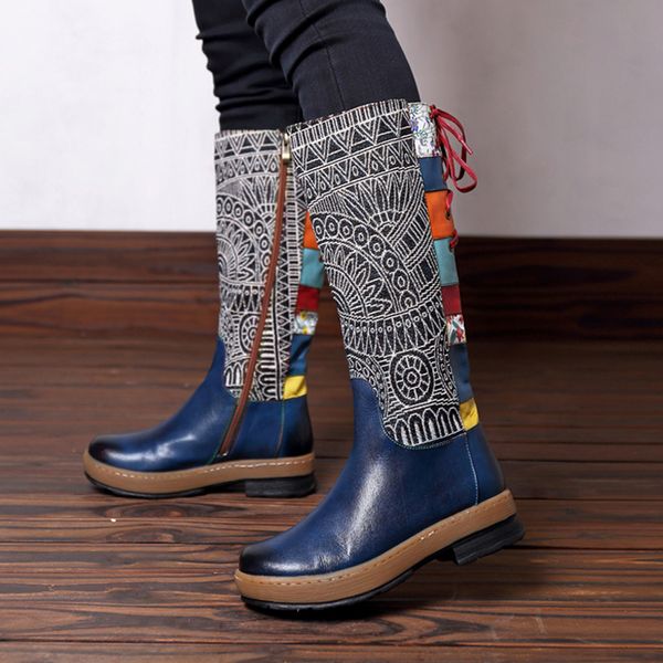 botas altas Sale-moda botas mulheres inverno quente 2019Embroidery Lace emenda Shoe Padrão Plano estilo Bohemian joelho com couro macio