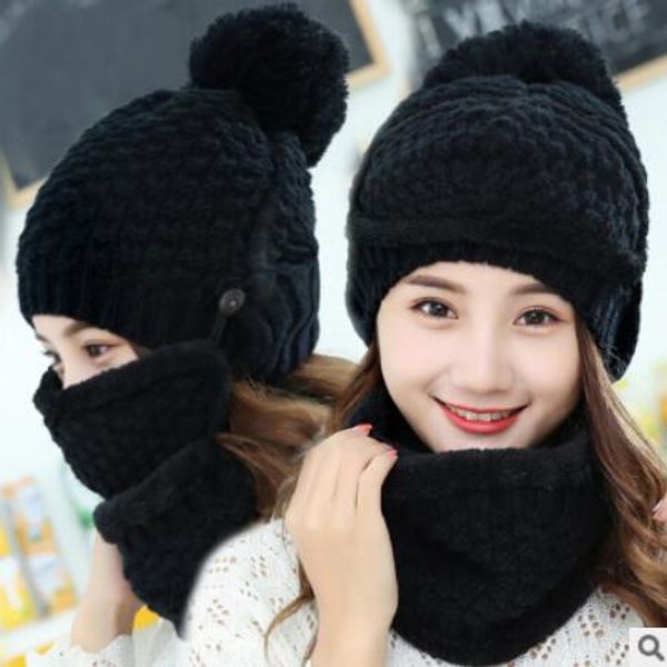 

autumn and winter new hat collar masks a three-piece add wool female winter knitting with thick warm earmuffs han edition, Blue;gray