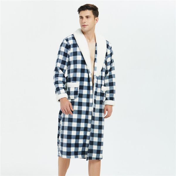 

soft sleepwear kimono robe gown winter men flannel nightgown homewear novelty plaid long bathrobe gown nightwear keep warm, Black;brown