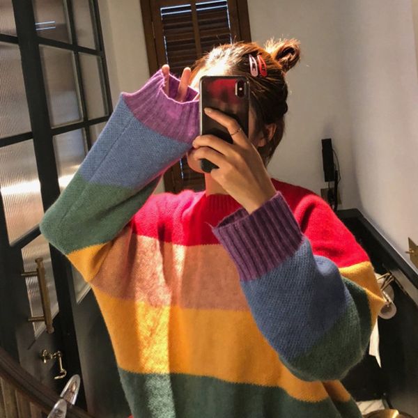 

rainbow striped sweaters women knitted autumn korean pullovers sweet harajuku long sleeve warm fall clothes jumpers, White;black
