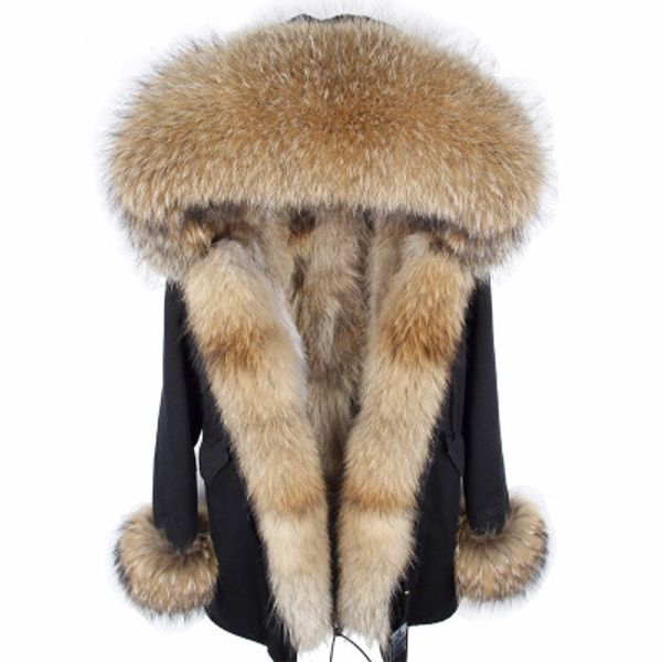 

fur coat parkas winter jacket coat women parka big real raccoon fur collar natural fox fur liner long outerwear, Black