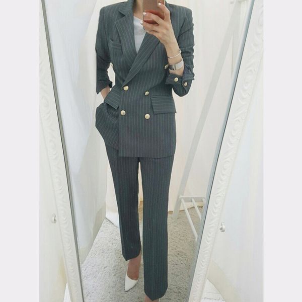 

bgteever work business striped women suits double breasted slim pant suits blazer jacket & pencil pant office lady 2 pieces set, White;black
