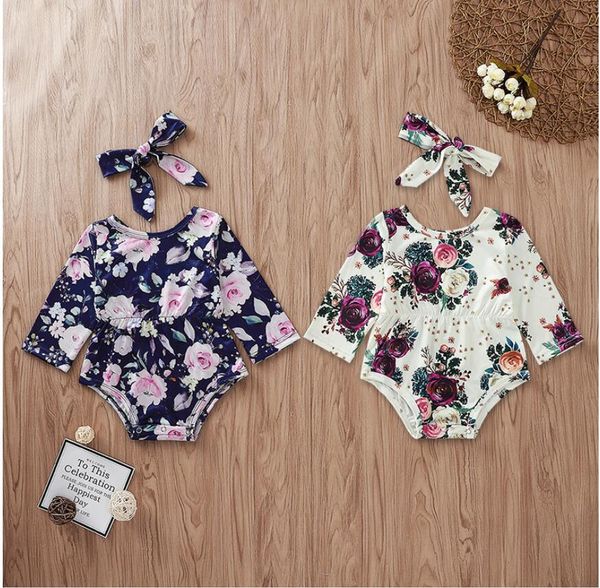 

girl long sleeve floral print romper and headband set baby spring and autumn o-neck jumpsuit and hair band suit kids clothes zht 302, Blue
