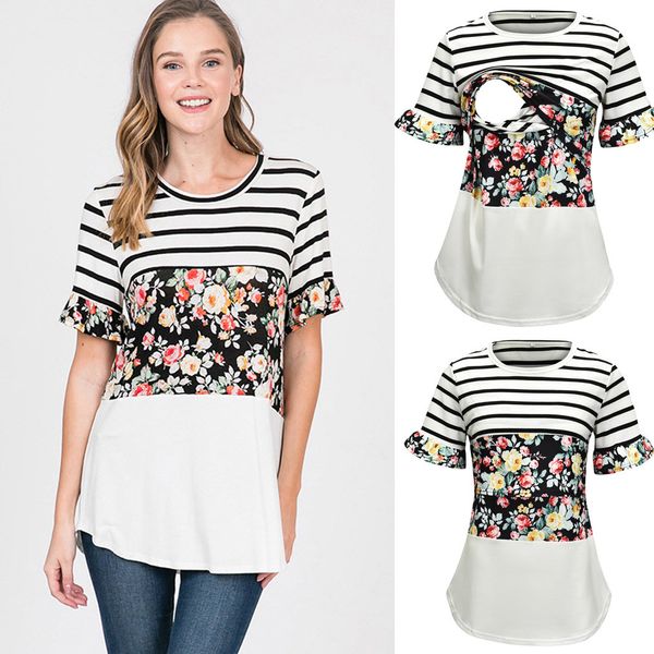 

summer 2019 women short sleeve nursing t-shirt striped floral breastfeeding pregnancy clothes autumn cotton casual tee, White