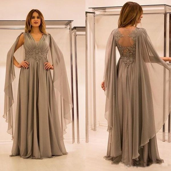 2020 Chiffon Mãe da Noiva Vestidos com Cabo V Neck Lace Appliques Plus Size vestido de festa vestidos de noite formal