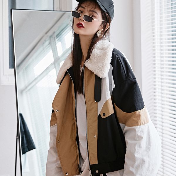 

2019 новый отложным воротником мех лоскутное контрастные цвета фонарь рукава однобортный хлопок-ватник f690, Black