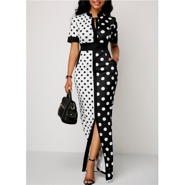 

fashion elegant women polka dot party evening summer beach dress sundress long maxi casual slim vintage dress, Black;gray