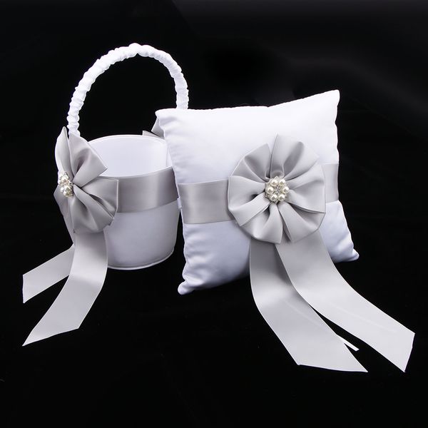 

wedding ceremony flower girls satin ribbon bow flower basket ring pillow set