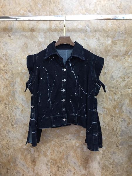 

early autumn 2019 new lady turn collar paint shoulder button long sleeve jeans hundred short jacket 807, Black;brown
