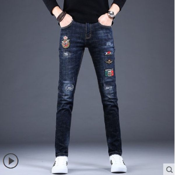 

2020 весна мужские вышитые джинсы популярные фирменные джинсы мужские брюки печатные поколение 8965, Blue