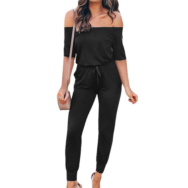 

elegant jumpsuits women rompers 2020 summer off shoulder bodysuits short sleeve backless overalls ladies lace up jumpsuits, Black;white