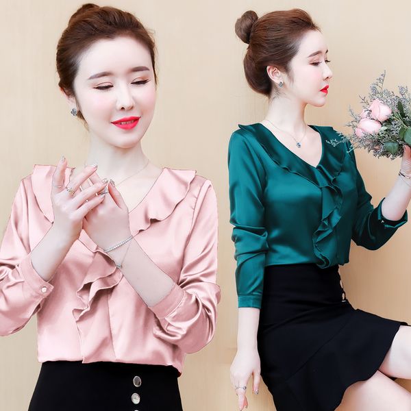 

luxury runway silk satin shirts women fashion lantern sleeve v-neck ruffle ladies blouse slim plus size elegant office designer shirts, White