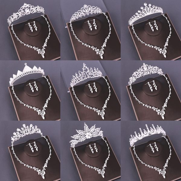 

bridal jewelry sets wedding crown necklace with earrings bride hair ornaments crystal crown necklace women accessories, Slivery;golden