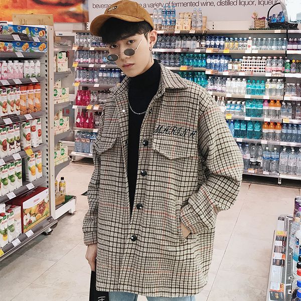 

autumn new woolen coat men warm fashion retro casual plaid long jacket man streetwear loose bomber jacket male clothes m-2xl, Black