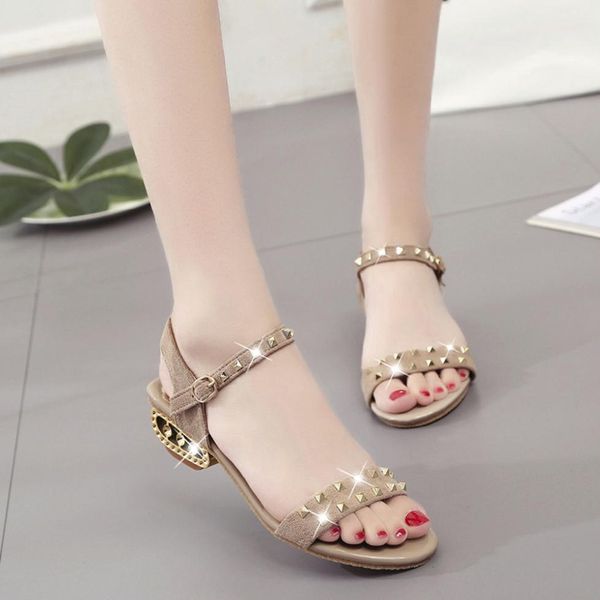 

vintage leather women's casual sandals female summer pretty rivet decoration med-heeled shoes comfort open toe slippers flats, Black