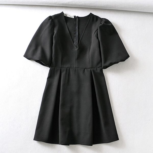 

agong loose black dresses women fashion casual solid v neck dress women elegant puff sleeve mini dresses female ladies ld, Black;gray