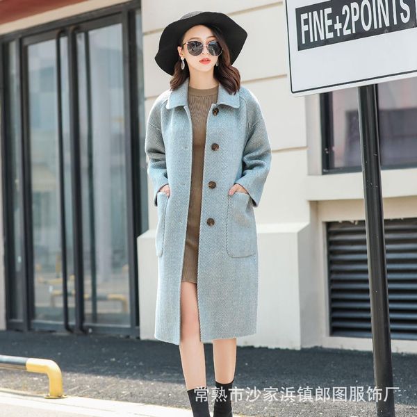 

new cashmere jacket double-sided cloth camel velvet korean herringbone overcoat, Black
