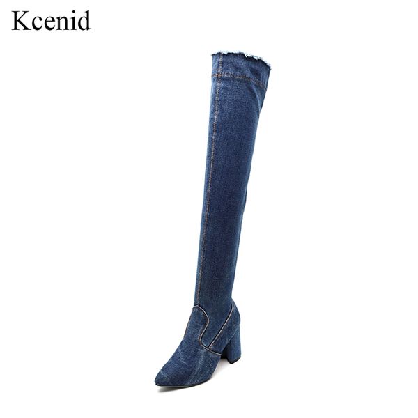 

kcenid 2019 spring autumn blue denim over the knee thigh high boots women pointed toe high heels boots zipper shoes size 33-40, Black