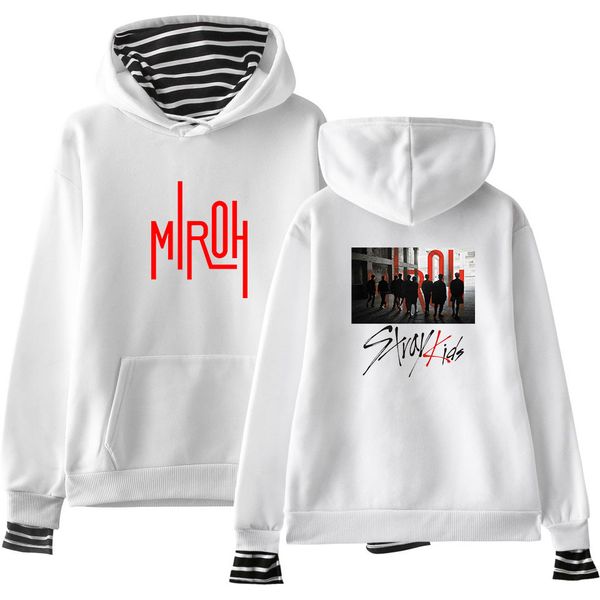 

kpop stray kids miroh stripe patchwork fake two pieces hoodies harajuku sweatshirts casual loose hooded jacket outwear, Black