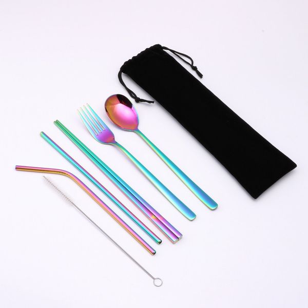 

eco-friendly portable tableware 7 pcs set 304 stainless steel spoon chopsticks set straw combination stainless steel straw fork