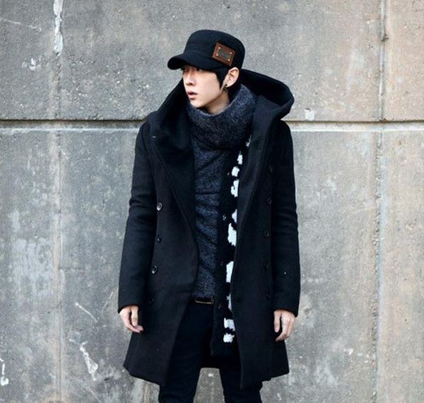 

european american men's fall and winter woolen coat jacket korean fashion men's hooded windbreaker jacket double-breasted coat, Black