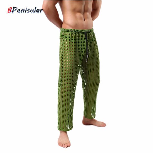

2019 men pants mesh holes long trousers men casual hollow out comfortable breathable home wear elastic plus size clothing, Black
