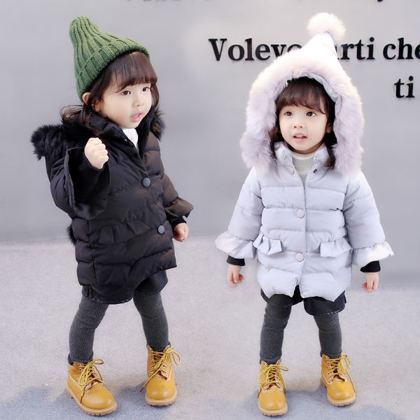 

baby winter coat girl pointed hat christmas hat children down jacket thick warm cotton jacket coat girl hooded fur collar, Blue;gray