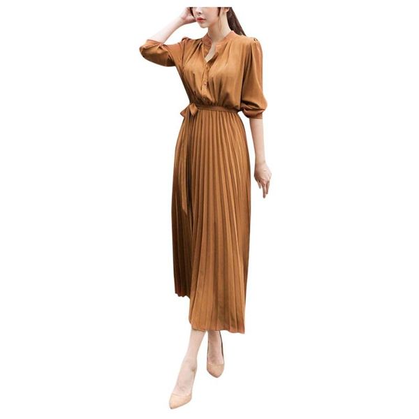 

38# 2020 women fashion dress solid v-neck dress long sleeve beam waist big swing pleated fashion summer 2020, Black;gray