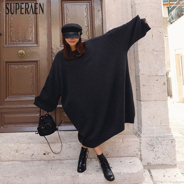 

superaen 2019 autumn and winter new long sweaters women round neck loose pluz size sweater female fashion knit women clothing, White;black