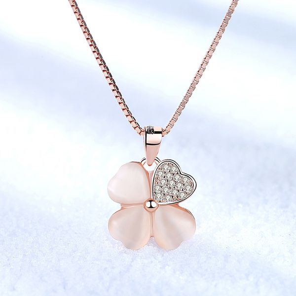 

flower four-leaf clover long pendants chain necklaces zircon crystal gold color accessories pendants and charms boho jewelry, Silver