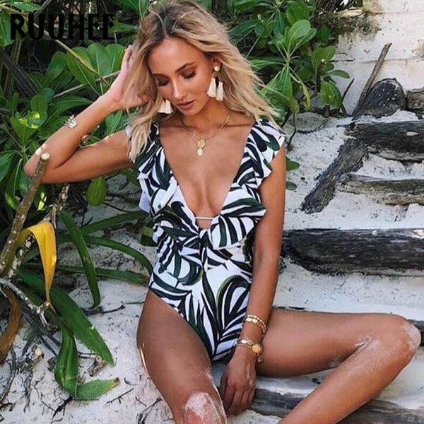 

ruuhee one piece swimsuit swimwear women floral printed ruffle bathing suit 2019 bodysuit monokini maillot de bain biquini, White;black
