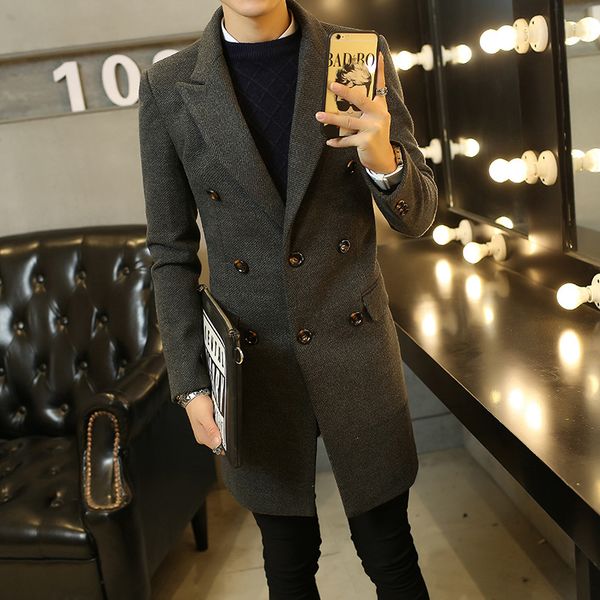 

autumn winter mens long wool blend coat double breasted overcoat thick warm outwear lapel collar casual h17, Black