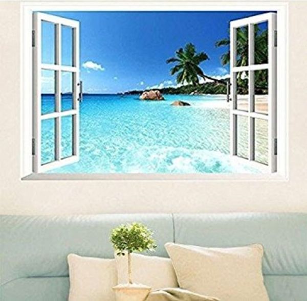 

large removable beach sea 3d window decal wall sticker home decor exotic beach view art wallpaper mural