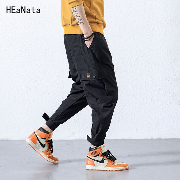 

2018 men's full sportswear pants feet leisure trouser hip hop cargo pants streetwear men harem pant multi pocket camouf trousers, Black