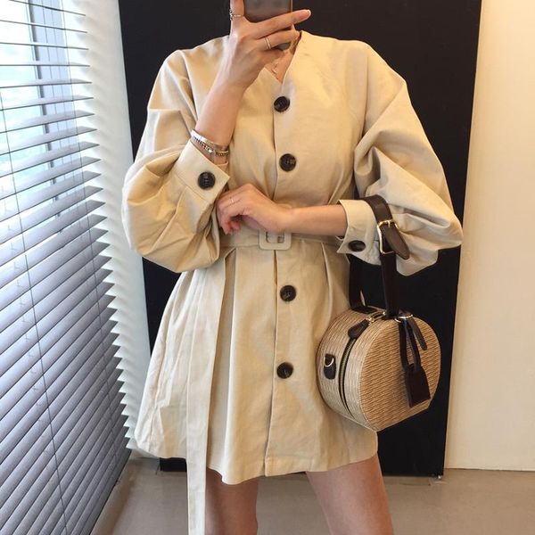 

korean style women trench coat dress lantern sleeve belt coat, Tan;black