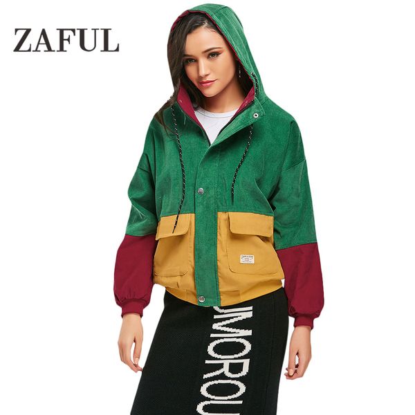 

zaful female jacket color block hooded corduroy jacket fashion patchwork women's windbreaker slim women winter 2019 hooded coats, Tan;black