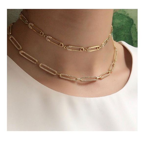 

2019 christmas gift unique women jewelry gold filled micro pave cz safety pin link chain choker necklace 32+10cm layer, Golden;silver