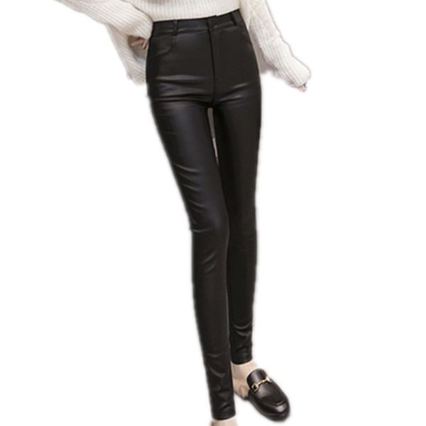 

new trending products women leather pants pu leather trousers autumn stretch pants add wool winter small feet 1550, Black;white