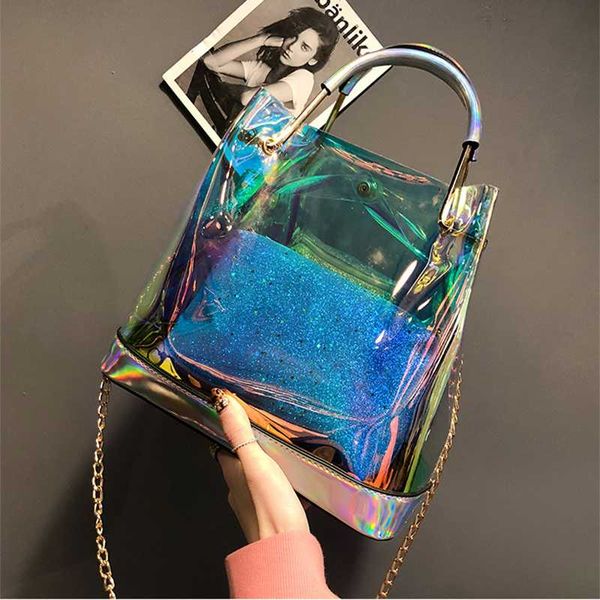 

laser rainbow jelly bucket bag chain woman two-piece set shoulder bag fashion woman tote
